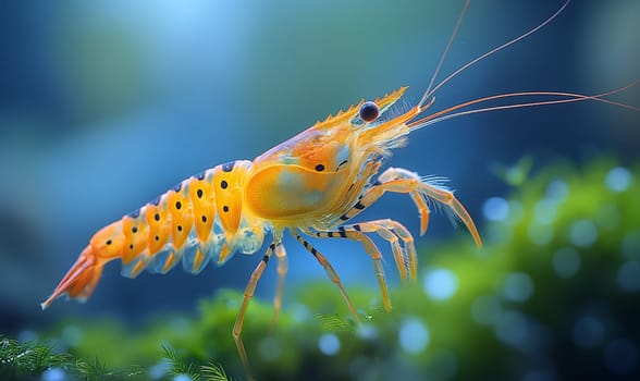 Red Dwarf Shrimp on waterweed. Selective soft focus. Generative AI