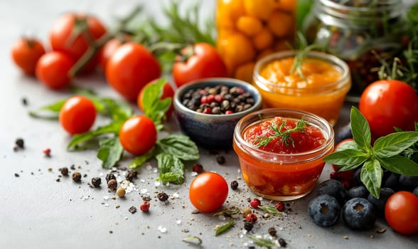 Food background with spices, herbs, sauces and vegetables on a white background.