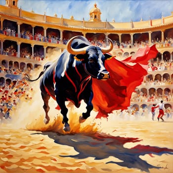 Watercolor painting capturing the dynamic movement and tension of a bull charging towards a matador in the center of a sun-drenched Spanish arena, bustling crowd filling the stands, specks of vibrant red and yellow fluttering among spectators, elaborate shadow play on the sandy ground. AI generated.