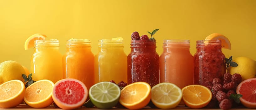 Set of various fresh fruit smoothies or juice on yellow background.