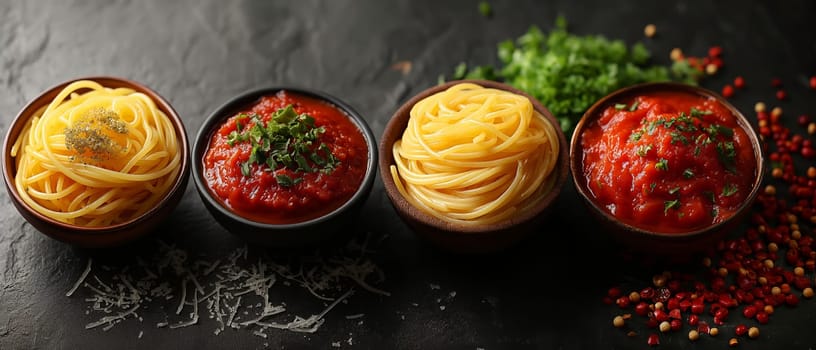 Food background with spaghetti recipe ingredient on black texture background.