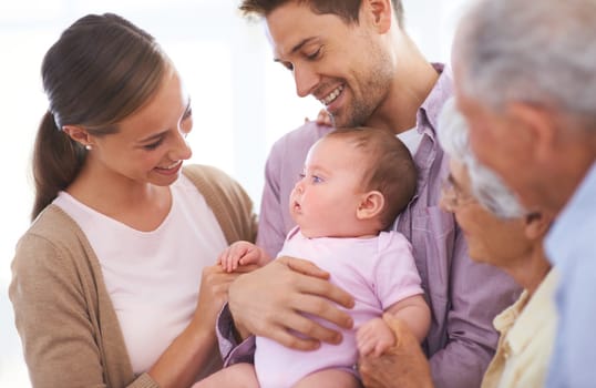 Family, grandparents and parents with baby for happiness at home, people bonding with love and relationship. Support, trust and smile for pride with generations, childhood and connect with infant.