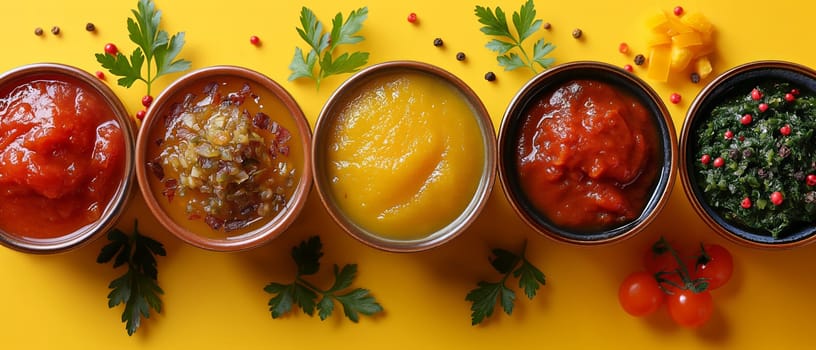 Food background with spices, herbs, sauces and vegetables on a yellow background.