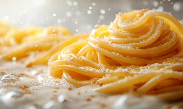 Food background with spaghetti or pasta recipe ingredient on wooden table.