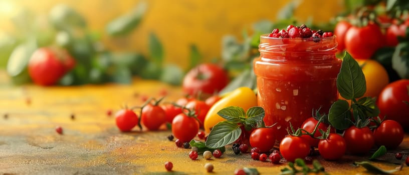 Food background with spices, herbs, sauces and vegetables on a yellow background.