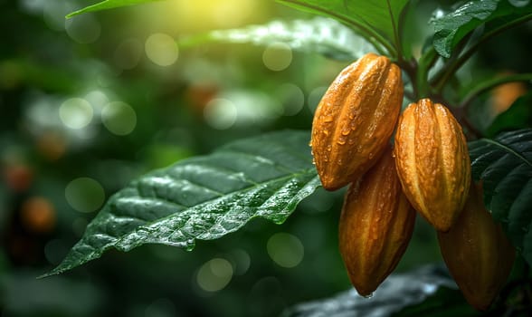Beautiful ripe cocoa bean fruit on tree. Selective soft focus.