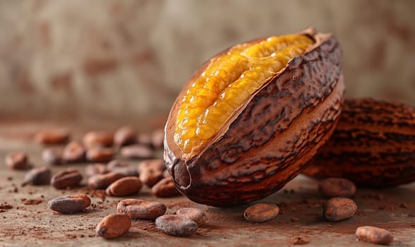 Food background with cocoa fruit on wooden table. Selective soft focus.