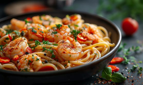 Delicious sauteed spicy shrimp with lime and basilik. Selrctive soft focus.