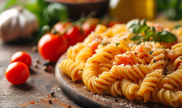 Food background with spaghetti or pasta recipe ingredient on wooden table.