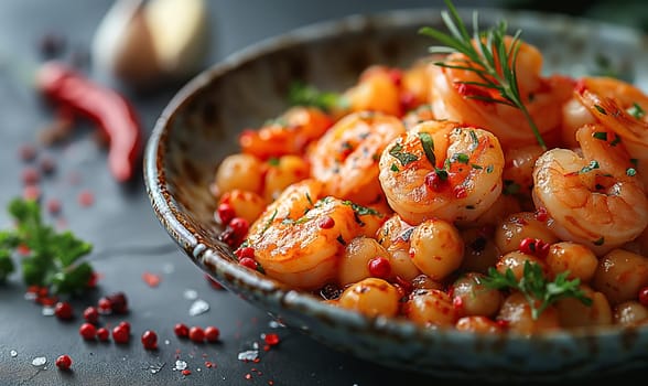 Delicious sauteed spicy shrimp with lime and basilik. Selrctive soft focus.