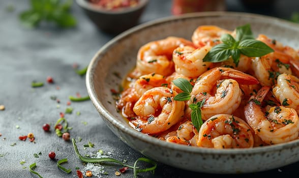 Delicious sauteed spicy shrimp with lime and basilik. Selrctive soft focus.