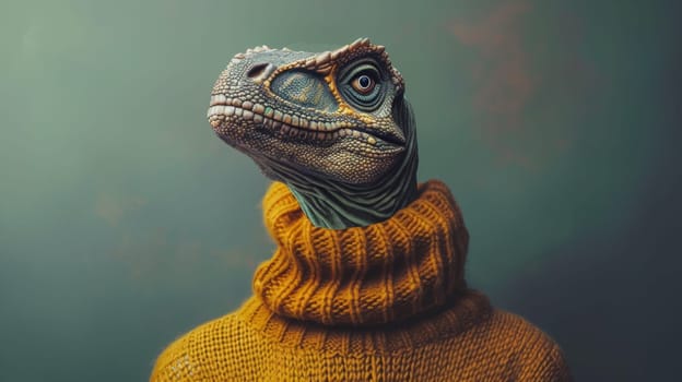 A lizard wearing a sweater with its head sticking out