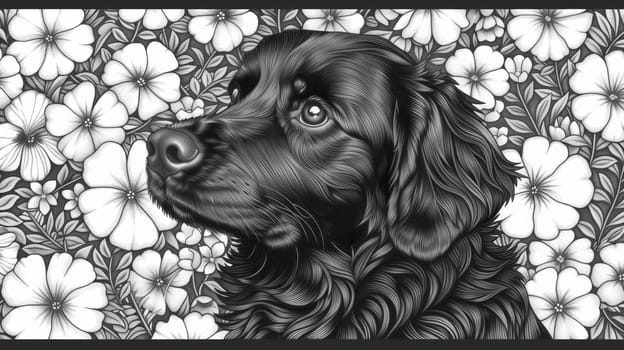 A black dog is surrounded by flowers in a drawing