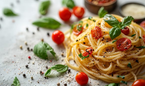 Food background with spaghetti or pasta recipe ingredient on wooden table.