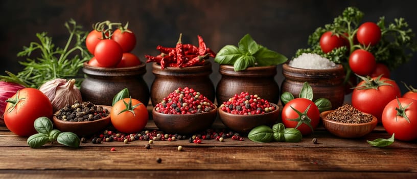 A variety of fresh natural vegetables and spices are on the rustic wooden table.