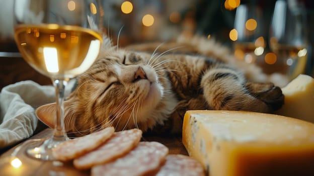 A cat laying on a table next to cheese and wine