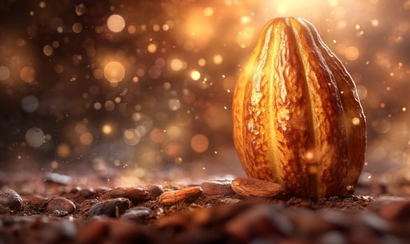 Food background with cocoa fruit on wooden table. Selective soft focus.