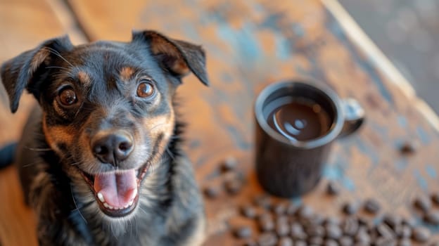 A dog sitting on a table next to coffee and some chocolate