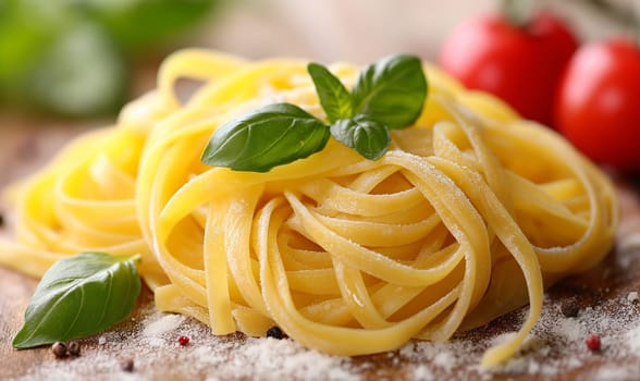 Food background with spaghetti or pasta recipe ingredient on wooden table.