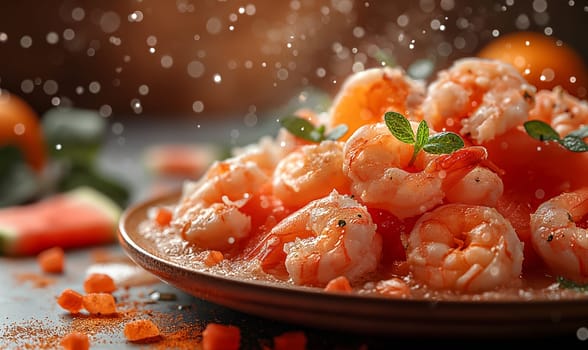 Delicious sauteed spicy shrimp with lime and basilik. Selrctive soft focus.
