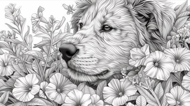 A black and white drawing of a dog in flowers