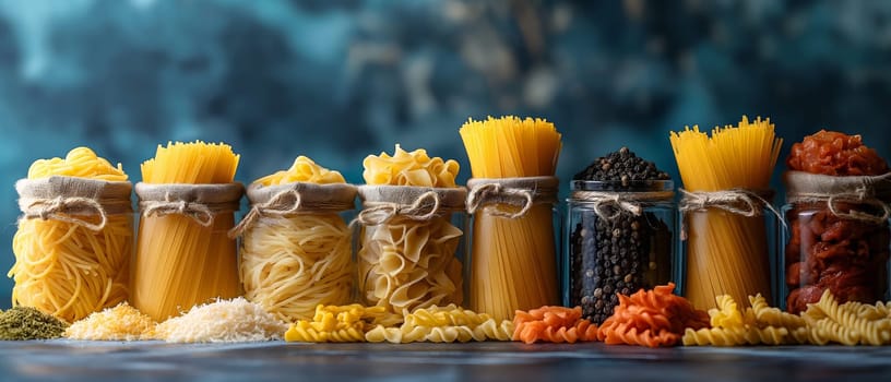 Food background with spaghetti recipe ingredient on blue texture background.