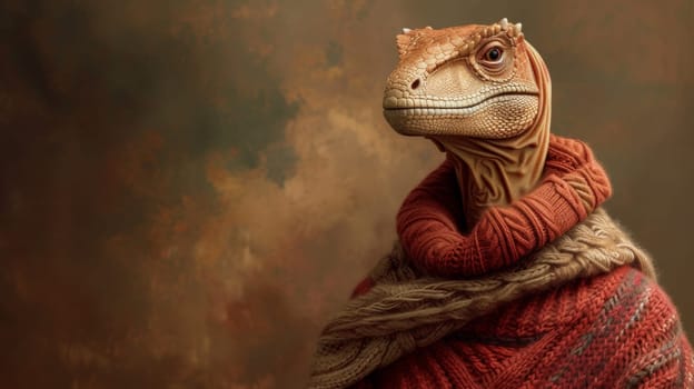 A close up of a lizard wearing an old fashioned sweater