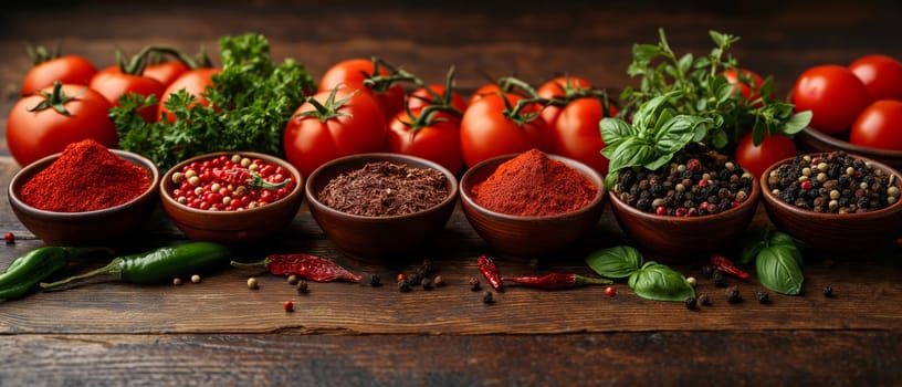 A variety of fresh natural vegetables and spices are on the rustic wooden table.