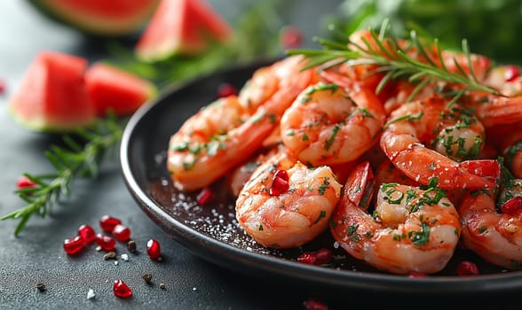 Delicious sauteed spicy shrimp with lime and basilik. Selrctive soft focus.