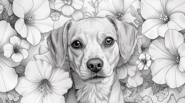 A black and white drawing of a dog surrounded by flowers