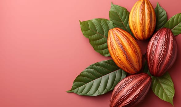 Food background with cocoa fruit on wooden table. Selective soft focus.