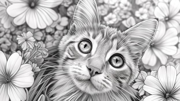 A black and white drawing of a cat in flowers