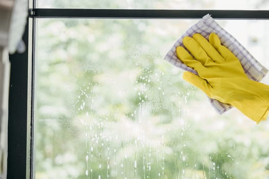 Maid in gloves cheerfully sprays and wipes office windows. Her dedication to housework emphasizes purity hygiene and transparent cleanliness ensuring spotless windows.