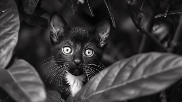A black and white photo of a cat peeking out from behind leaves