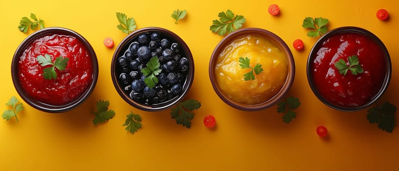 Food background with spices, herbs, sauces and vegetables on a yellow background.