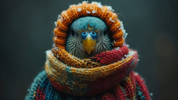 A bird wearing a colorful scarf and hat with its eyes closed