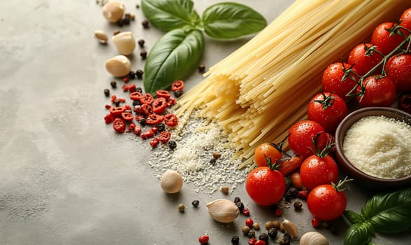 Food background with spaghetti or pasta recipe ingredient on wooden table.