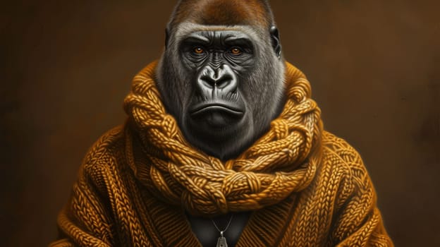 A gorilla wearing a sweater and necklace with an eye patch