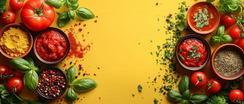 Food background with spices, herbs, sauces and vegetables on a yellow background.