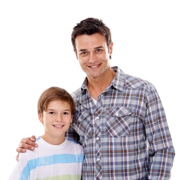 Happy father, portrait or hug with child for family bonding in casual fashion on a white studio background. Face of dad, son or kid with smile for support, embrace or trust in parenthood or childhood.