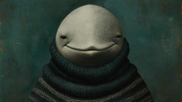 A painting of a whale wearing an ugly sweater and scarf