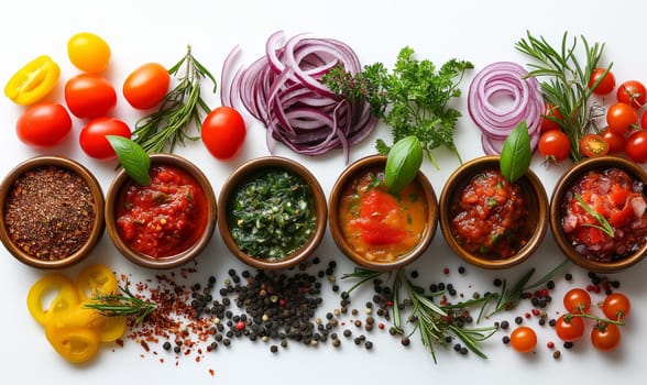 Food background with spices, herbs, sauces and vegetables on a white background.