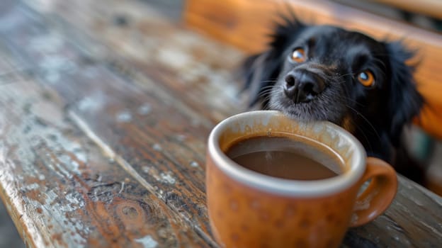 A dog drinking from a coffee cup on the table