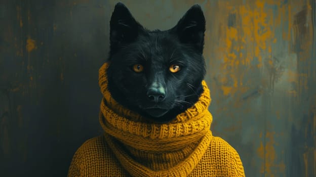 A black dog wearing a yellow sweater with an orange collar