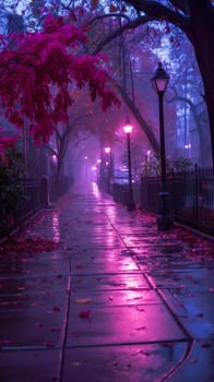 A sidewalk with a lamp post and some trees on it