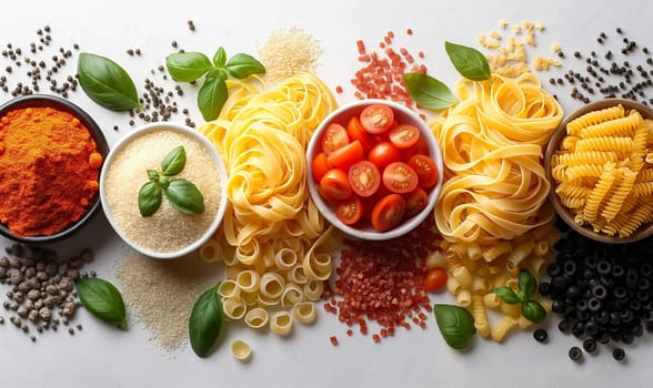 Food background with spaghetti or pasta recipe ingredient on wooden table.