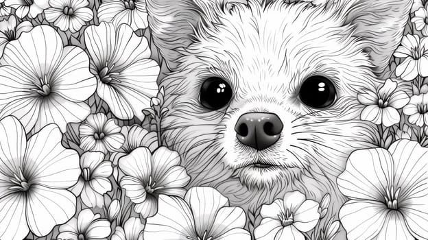 A drawing of a dog surrounded by flowers