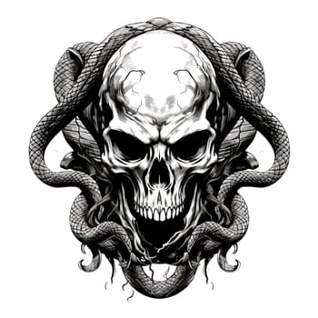 A devil's skull with a snake. Mystical illustration in vector pop art style. Template for t-shirt print, sticker, poster, etc.