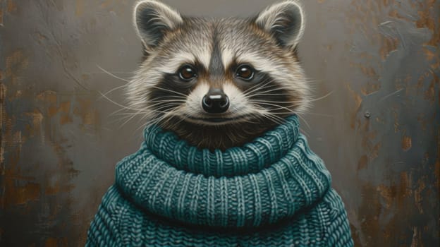 A painting of a raccoon wearing an ugly sweater and looking at the camera