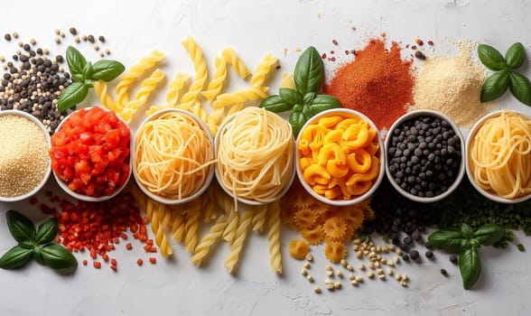 Food background with spaghetti or pasta recipe ingredient on wooden table.